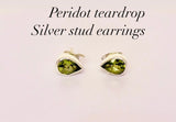 Peridot teardrop studs, August birthday gift, cute handmade silver August birthstone earrings