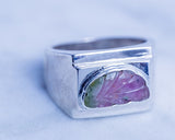 Mens statement ring, silver Watermelon tourmaline signet style ring, purple and green raw color gemstone ring