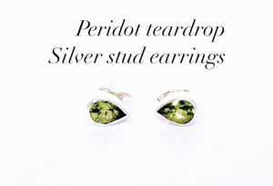Peridot teardrop studs, August birthday gift, cute handmade silver August birthstone earrings