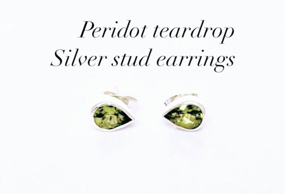 Peridot teardrop studs, August birthday gift, cute handmade silver August birthstone earrings