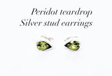 Peridot teardrop studs, August birthday gift, cute handmade silver August birthstone earrings