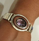 Large Gemstone  Bracelet,  hammered Bangle, February birthstone, Rosewood and Amethyst jewelry, one of a kind, handmade gift