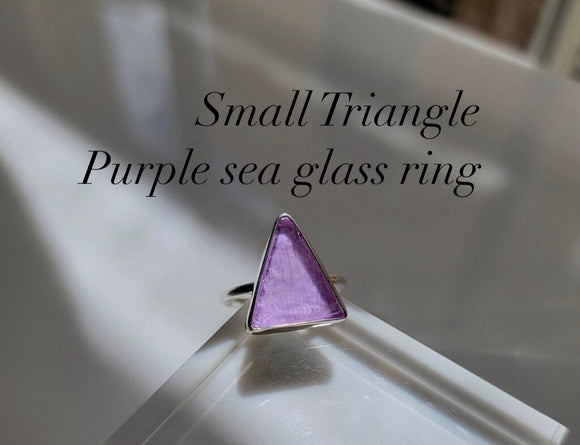 Purple sea glass ring, small triangle seaglass ring, sterling silver handmade beach tropical jewelry, pinky ring