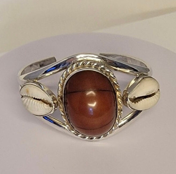 Statement bracelet, chunky amber cuff, cowrie shell accented jewelry, plus size gift