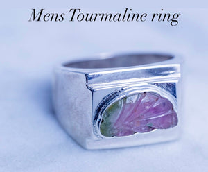 Mens statement ring, silver Watermelon tourmaline signet style ring, purple and green raw color gemstone ring