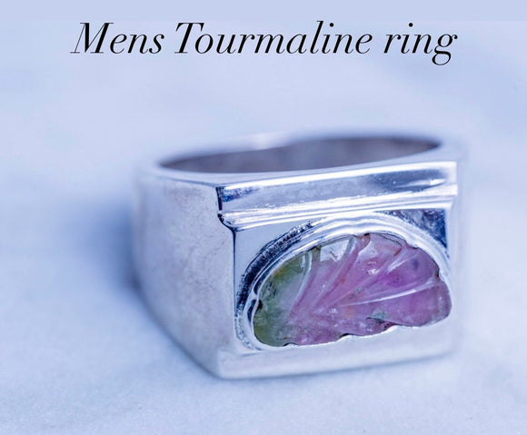 Mens statement ring, silver Watermelon tourmaline signet style ring, purple and green raw color gemstone ring