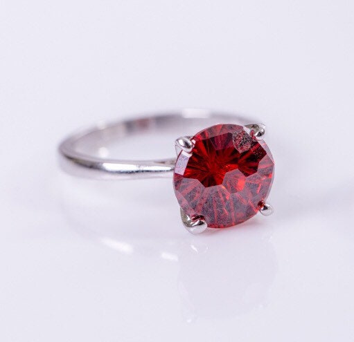 Red crystal ring, sterling silver red solitaire faceted ring, Mothers Day Gift for her