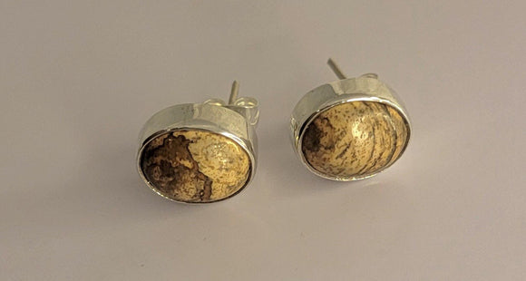 Jasper oval earrings, sterling silver handmade post earring, trendy gift for her
