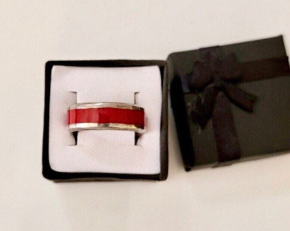 Silver and Red enamel band ring