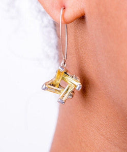 Square drop Earrings, 3D Yellow crystal dangle earrings set in Sterling Silver