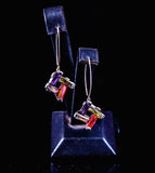 Square drop Earrings, Multi color crystal dangle earrings set in Sterling Silver