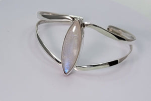 Moonstone bracelet, 3rd anniversary gift, sterling silver cuff, marquise shaped rainbow moonstone bracelet, September birthstone