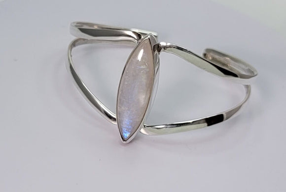 Moonstone bracelet, 3rd anniversary gift, sterling silver cuff, marquise shaped rainbow moonstone bracelet, September birthstone