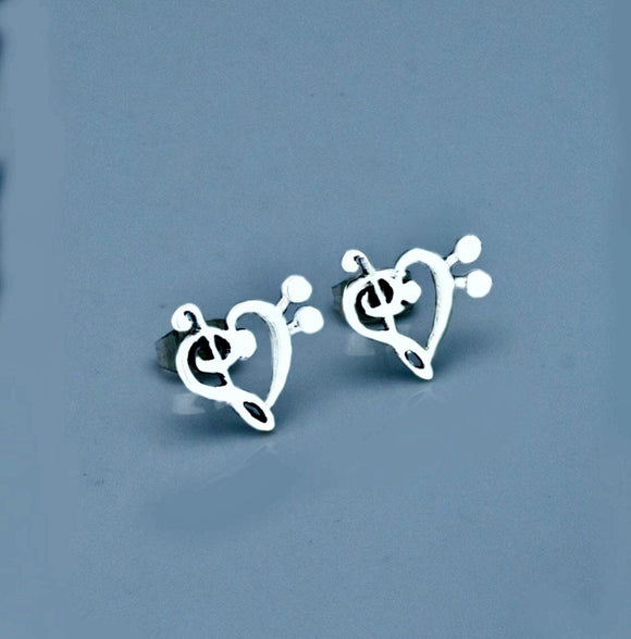 Music heart treble and bass stud earrings in sterling silver, Cool Heart stud earrings, Handmade music heart jewelry, Mothers Day gift