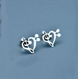 Sterling Silver Music Heart Stud Earrings: Handmade Treble Bass Jewelry