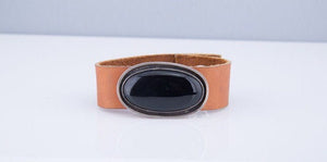 Wide leather bracelet, hand cut, Leather and Onyx jewelry for him, or her, casual boho tan and black snap on bangle