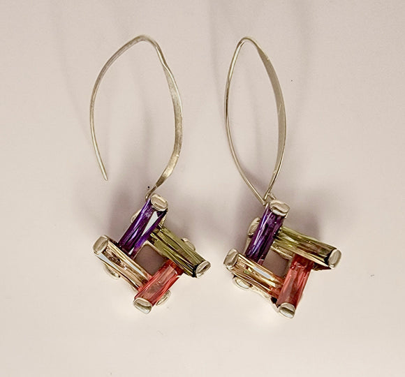Square drop Earrings, Multi color crystal dangle earrings set in Sterling Silver