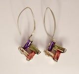 Square drop Earrings, Multi color crystal dangle earrings set in Sterling Silver