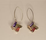 Square drop Earrings, Multi color crystal dangle earrings set in Sterling Silver