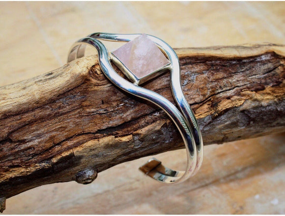 Silver cuff bracelet, rose quartz pyramid, 5th anniversary gift, Egyptian jewelry, Mothers Day gift