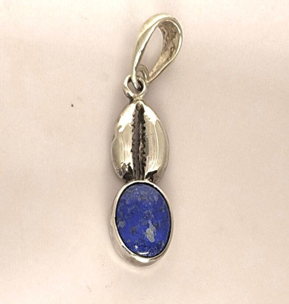 Blue lapis lazuli necklace, handmade gift in sterling silver Cowrie shell, casted with oval stone for leadership, December birthstone