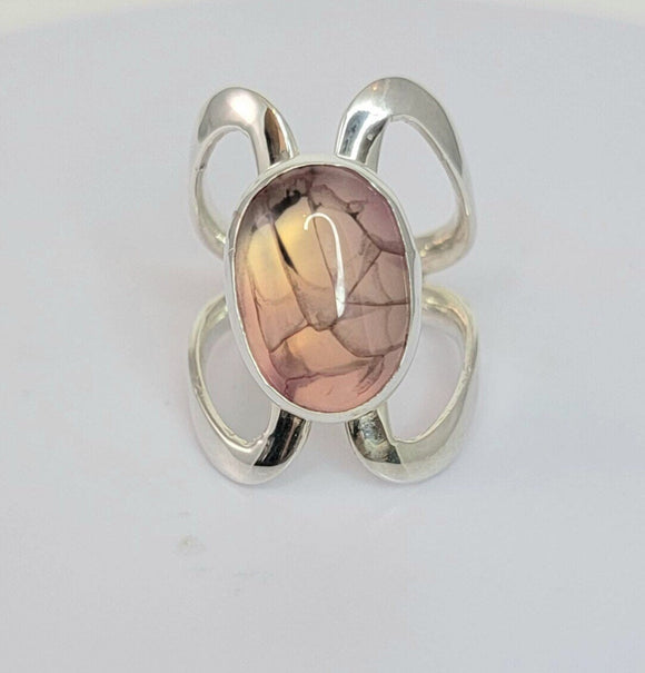 Handmade pale pink ring, gift for her, oval dragon vein stone, one of a kind, artisan jewelry