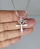 Unique Ankh drop earrings music heart accent, silver key of life pendant, Kemetic jewelry, occult, goth gift, feminine energy, eternal life