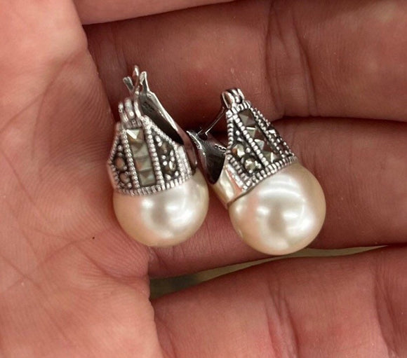 Pearl and Marcasite Earrings, Sterling silver, Handmade Art Deco jewelry, Mothers Day Gift for her