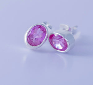 Pink tourmaline earrings, October birthstone, handmade in sterling silver