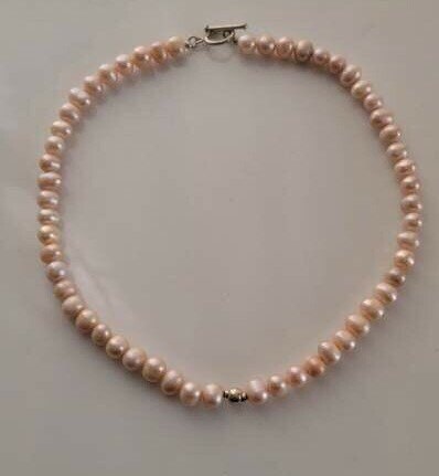 Blush Pink Pearl Necklace, single strand, 55 blush pearls, June birthstone, freshwater Pearls silver accent, Mothers Day Gift for her