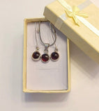 Sterling Silver Garnet Jewelry Set: Round Drop Earrings and Necklace