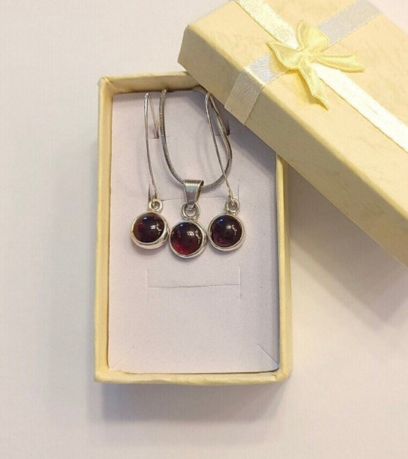 Garnet jewelry set, sterling silver, January Birthday gift, Round Garnet drop earring and necklace set, Christmas Gift for her