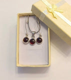 Garnet jewelry set, sterling silver, January Birthday gift, Round Garnet drop earring and necklace set, Christmas Gift for her