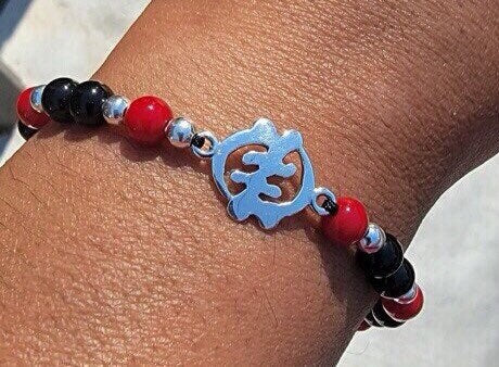 Gye Nyame bracelet, black red sterling beaded bangle, large adjustable bracelet, great Mothers Day gift for him or her