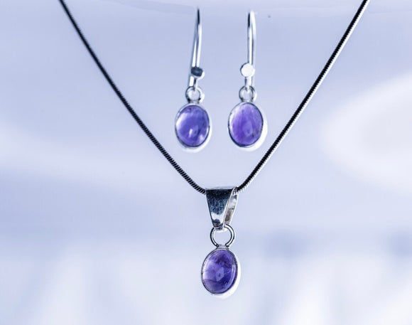 Amethyst necklace and earrings set, oval purple jewelry set, Birthday gift for her, talisman grounding, February birthstone, crown chakra.