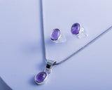 Sterling Silver Amethyst Jewelry Set: Oval Necklace & Earrings
