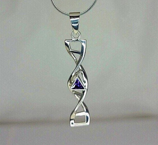 Silver DNA helix necklace, February Birthstone Amethyst, purple double helix pendant, science jewelry, genetics,biology medical gift for her
