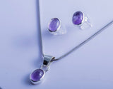 Sterling Silver Amethyst Jewelry Set: Oval Necklace & Earrings