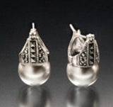 Handmade Sterling Silver Pearl Necklace Earrings Set: Marcasite Art Deco Jewelry