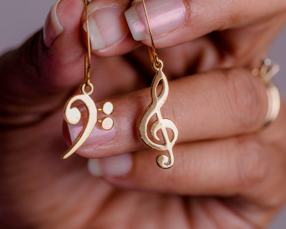 Gold Music drop earrings, Treble and  Bass Clef in opposite ears, handmade Chester Allen's unique music jewelry art, Mothers Day Gift