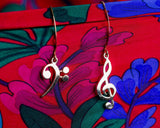 Gold Music drop earrings, Treble and  Bass Clef in opposite ears, handmade Chester Allen's unique music jewelry art, Mothers Day Gift