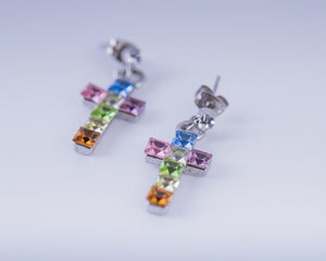 Cross earrings, rainbow crystal drop post earrings