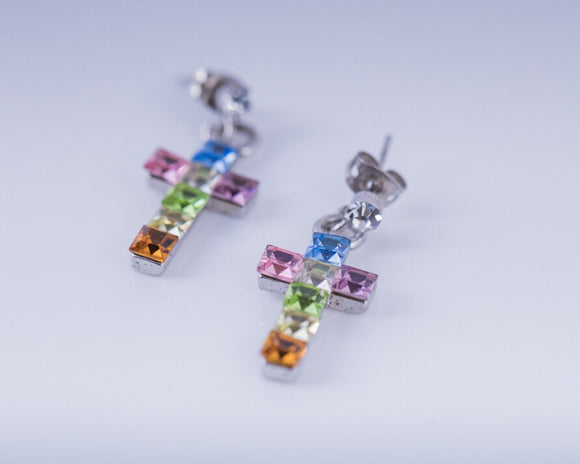 Cross earrings, rainbow crystal drop post earrings