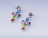 Cross earrings, rainbow crystal drop post earrings
