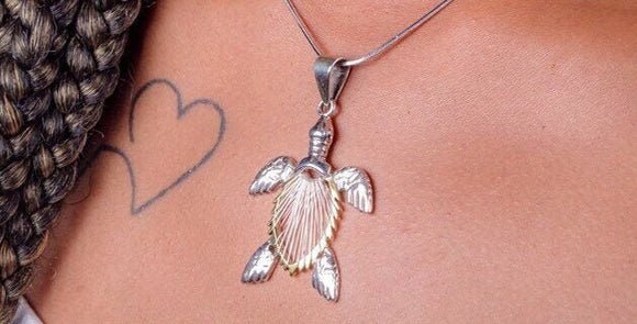Turtle necklace, World Turtle Day turtle gifts, great two tone silver & Gold jewelry