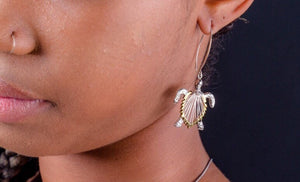 Turtle drop earrings,  turtle gifts, great two tone silver & Gold jewelry, World Turtle Day