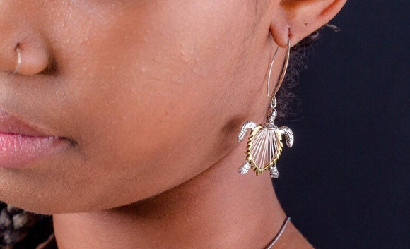 Turtle drop earrings,  turtle gifts, great two tone silver & Gold jewelry, World Turtle Day