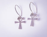 Unique Ankh drop earrings music heart accent, silver key of life pendant, Kemetic jewelry, occult, goth gift, feminine energy, eternal life