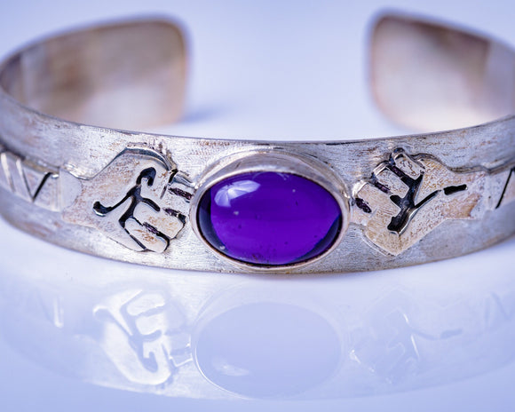 Clinched fist cuff, silver bracelet with amethyst stone representing Unity, struggle, empowerment, unique handmade jewelry