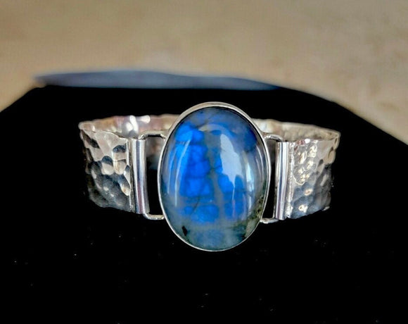 Large Gemstone Bracelet,  Mens size labradorite hammered Bangle, one of a kind handmade gift of protection